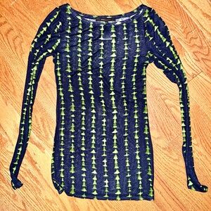 BCBGMAXAZRIA Navy and Green Long Sleeve Top